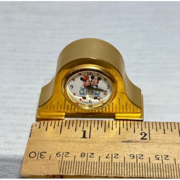 Disney Desk Mantel Clock Minature Mickey & Minnie Driving Gold Metal 2 x 1.25" - Picture 8 of 8